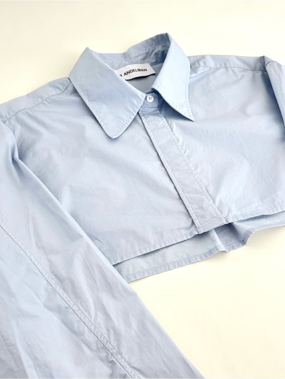 Ann Andelman Cropped Light Blue Button Up Point Collar Cotton Shirt - Size M - Picture 5 of 8